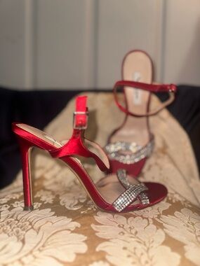 Nina Red Satin Stiletto Heels w/ Crystal Straps